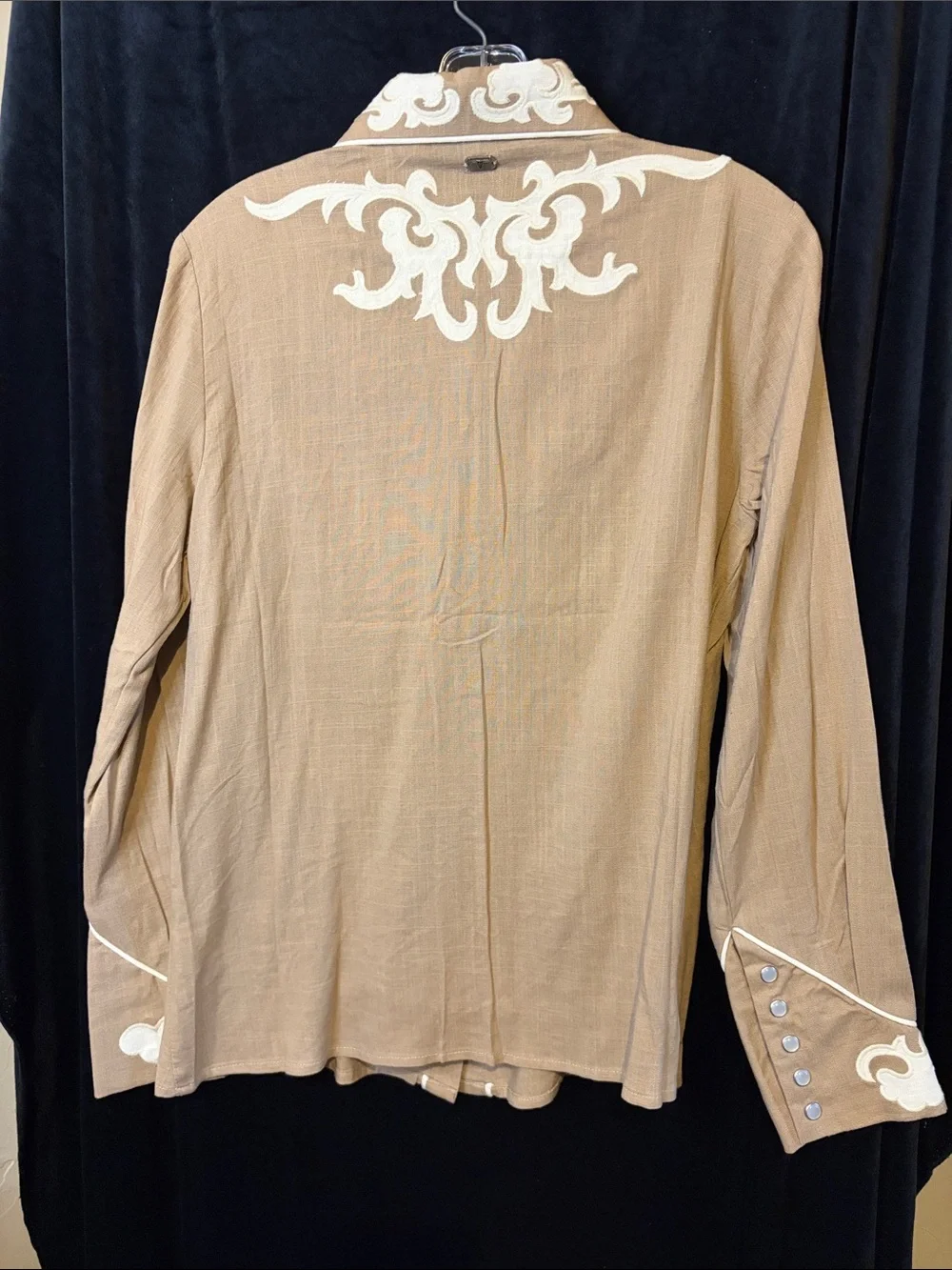 Lucky & Blessed Tan Top with White Swirl Embroidery. 19 p2p - Picture 5 of 6